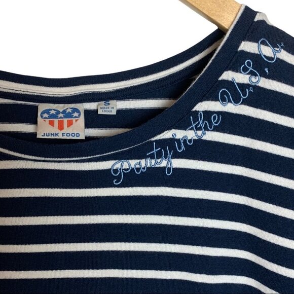 Junk Food Striped Party In The USA T-Shirt Dress Womens Size Small Blue White - Picture 5 of 6